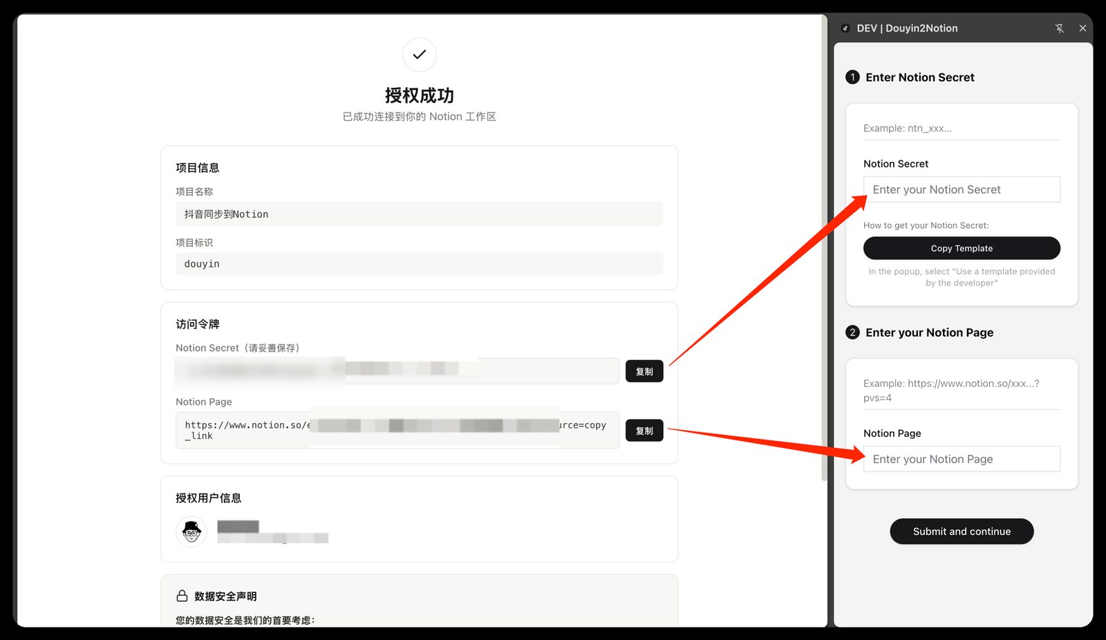 从授权成功页复制 Notion Secret 与 Notion Page 填入插件侧边栏